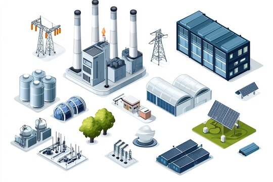 Isometric picture of powerplant station, storage, transmission electricity