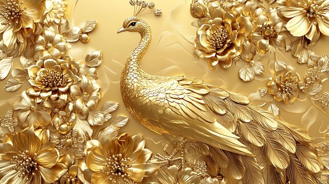 Fototapeta Golden Peacock Amidst Floral Elegance