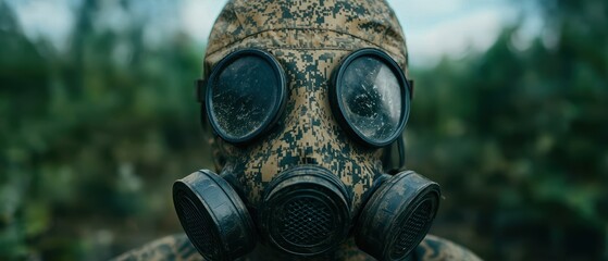 soldier wearing camouflage gas mask in forest