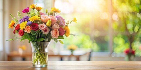 A Colorful Bouquet of Flowers in a Glass Vase on a Wooden Table with a Sunny Blurred Background