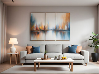 View of living room with 3D painting, sofas and table