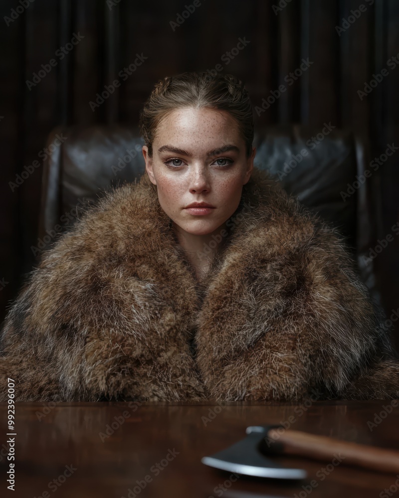 Poster pensive woman in fur coat