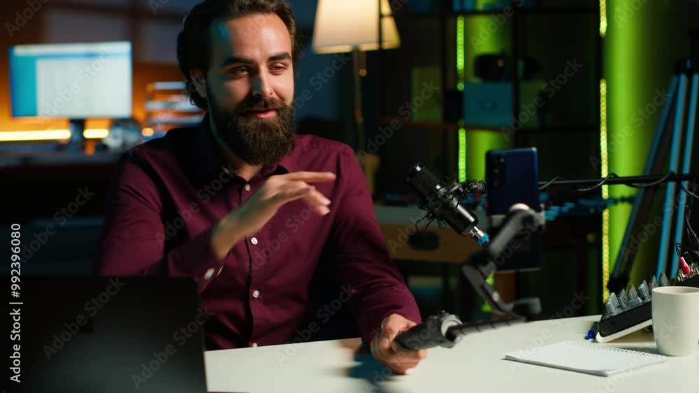 Poster content creator talking in front on cellphone attached to selfie stick in studio, chatting with view