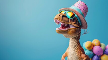 Cute T-rex with hat and sunglasses on blue background with copy space AI generated image