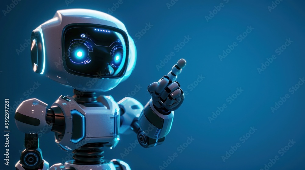 Poster cute futuristic robot pointing finger at copy space on blue background ai generated image