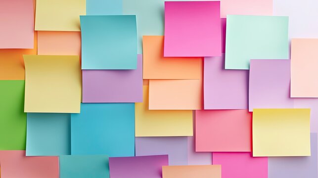 Blank mock up wall of colorful sticky notes design - post it - for work memo reminders, business planning, memory wall, brain storming ideas or a fun card.