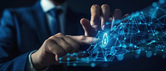 Fototapeta premium Businessman using fingerprint scan unlock and access to business data network AI generated image