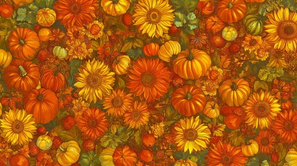 Vibrant autumn harvest with pumpkins and sunflowers.