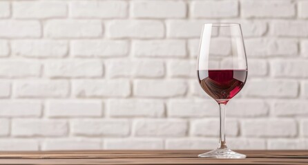 glass of red wine on wooden table with brick wall background