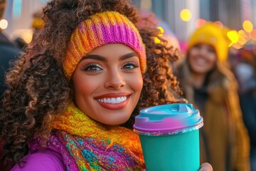 Fototapeta premium Joyful black friday shopping experience with smiling woman in vibrant city