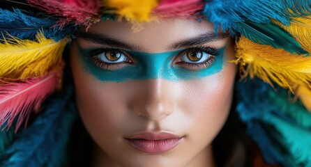 Vibrant portrait of a person with colorful feathered headdress