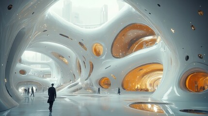 Futuristic interior with organic shapes and glowing elements.