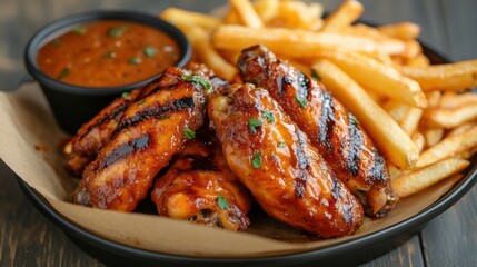 Grilled chicken wings with fries and dipping sauce on a wooden table.
