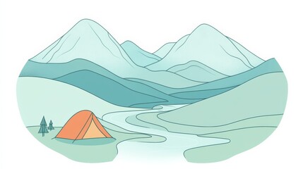 Camping Scene with Mountains and Tent