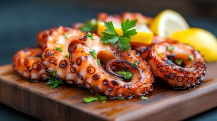 Grilled octopus served on a wooden board with lemon and herbs.