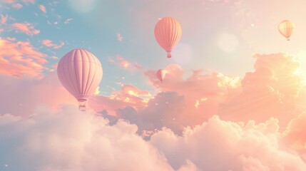 Obraz premium Magical background with pastel-colored sky and floating hot air balloons, evoking adventure and escapism.