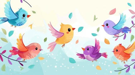 Adorable cartoon colorful birds flying together, perfect for whimsical backgrounds and greeting cards.
