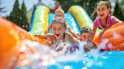 Backyard fun with an inflatable bounce house water slide, kids enjoying the colorful attraction. © Postproduction