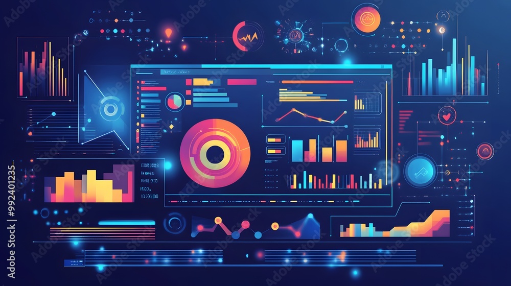 Poster futuristic interface with data visualizations and graphs