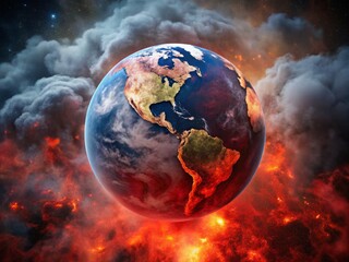 Obraz premium Glowing red Earth from space, with dark clouds and pollution swirling around it, symbolizing the planet's fragility in the face of rising carbon emissions.