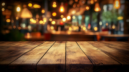 A Close Up of a Wooden Tabletop with a Blurry Background of a Bar with Warm Lighting