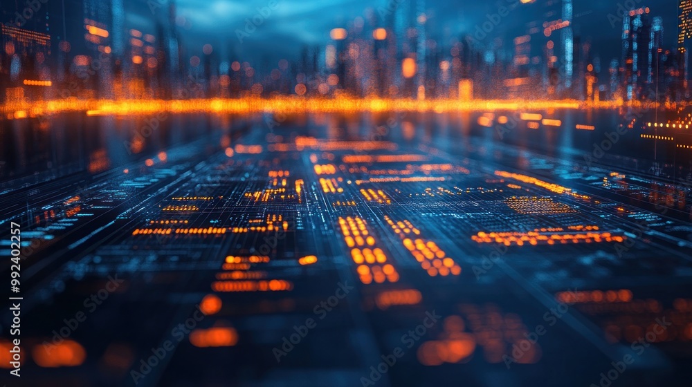 Poster futuristic cityscape with glowing circuits and data streams.