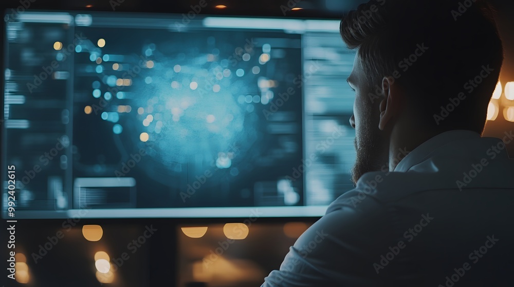 Poster man focused on data analysis on computer monitor