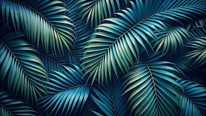 A Lush Tapestry of Tropical Palm Fronds in Vivid Hues of Teal and Emerald Green