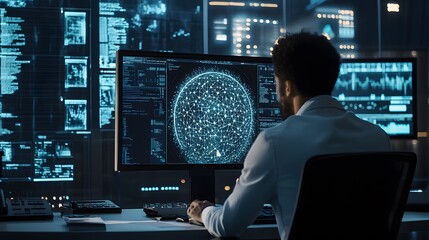 Man Working on a Computer with a Network Globe Display