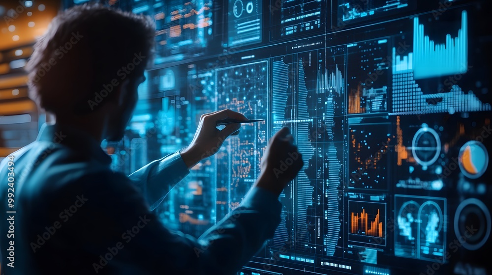 Poster man interacting with a large digital interface displaying data and charts