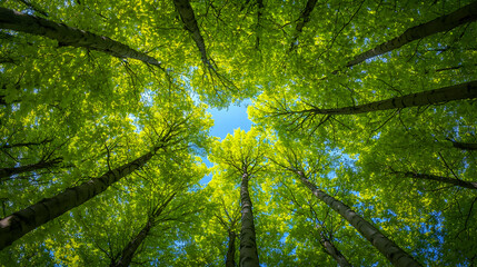 Fototapeta premium A View from Below Looking Up Through the Canopy of a Lush Forest of Green Trees