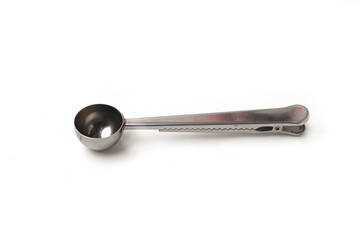 coffee spoon ice cream spoon tea spoon stainless steel with sealing clip, isolated on white background