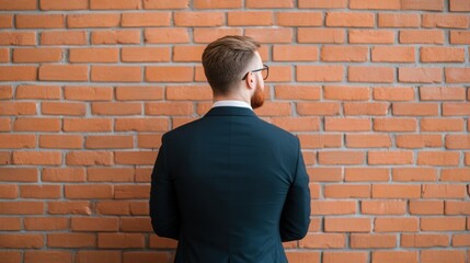 Man in suit standing against a brick wall, contemplative pose, rear view.