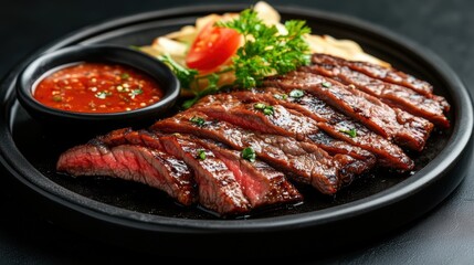 Grilled steak with sauce, garnished with parsley and tomato on a black plate.