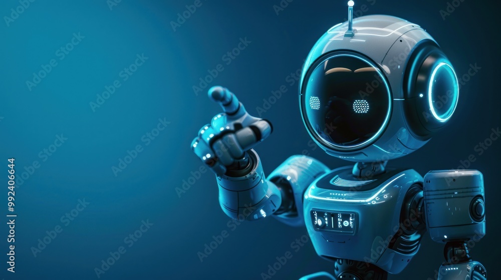 Poster cute futuristic robot pointing finger at copy space on blue background ai generated image