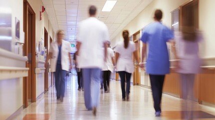 Healthcare professionals move quickly through a crowded hospital corridor while attending to patients and their duties