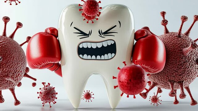 Tooth battling viruses with boxing gloves symbolizing dental health defense. AI