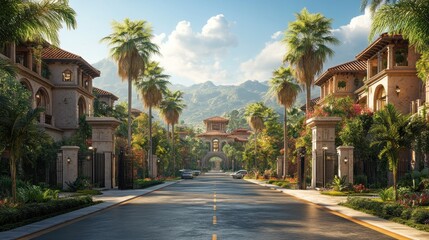 Obraz premium A serene street lined with palm trees and elegant buildings.