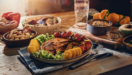 An inviting kitchen scene displays a vibrant low-glucose diet, featuring colorful fresh produce, grilled chicken, quinoa salad, and refreshing lemon-mint infused water for a nutritious lifestyle.