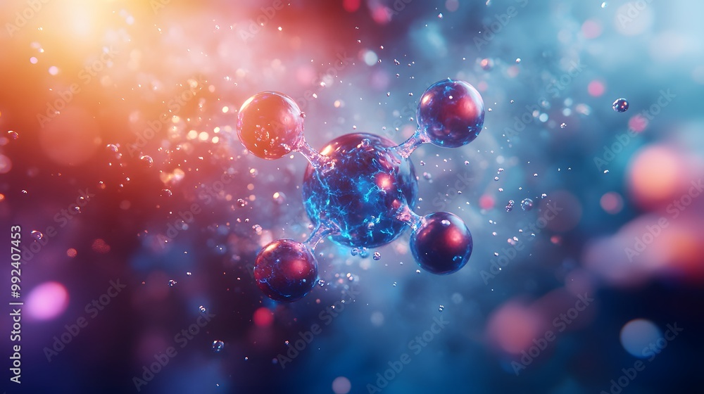 Aufkleber a molecular structure with five connected spheres floating against a blurred background