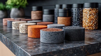 Fototapeta premium Collection of decorative containers on a textured countertop.