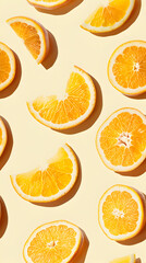Vibrant Orange Slices Pattern on Light Yellow Background - Fresh and Juicy Citrus Fruit Arrangement for Summer and Food Themes