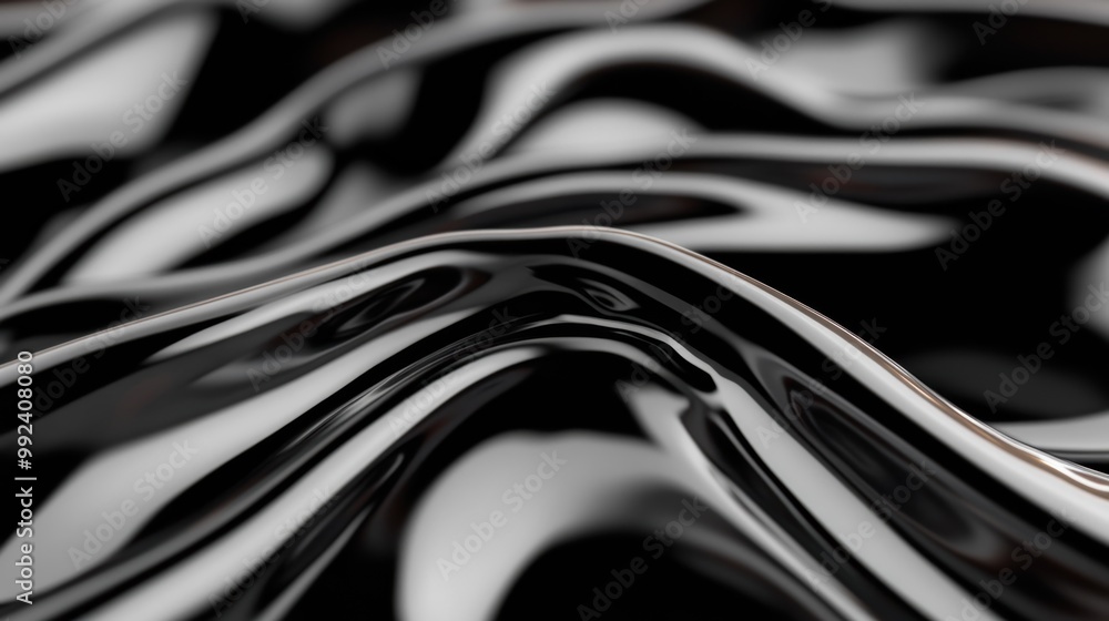 Poster shiny black liquid forms flowing waves, producing an abstract design that captures light and creates