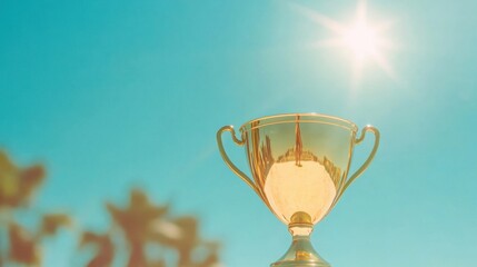 The shiny gold trophy cup stands proudly against a clear blue sky, symbolizing success and celebration after a competition