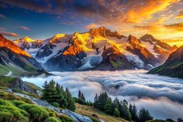 Breathtaking alpine sunrise spills golden light across towering mountain peaks, awakening serene snow-capped valleys and glaciers, as morning mist slowly rises to unveil the grandeur of nature.