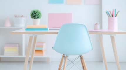 This bright home office features a stylish desk, colorful notebooks, and vibrant stationery, creating an inviting space for work or study