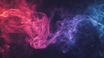 Wispy trails of purple and red smoke intertwine and swirl mesmerizingly against a dark backdrop, creating a captivating abstract display