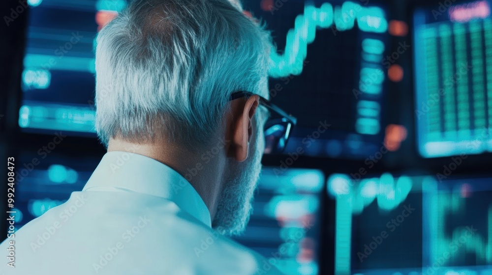 Aufkleber an experienced trader focuses on fluctuating stock prices displayed on several screens amid a vibran