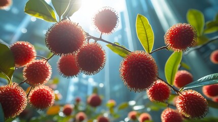 Rambutan tree growing atrium of futuristic glass building its vibrant red fruits contrasting against the sleek modern architecture blending nature with innovation Scientific name Nephelium lappaceum