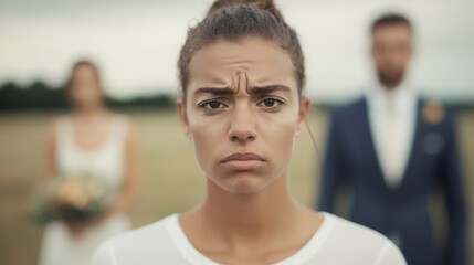 Obraz premium Sad girl wearing a white t-shirt, expressing deep sadness in an outdoor setting during a significant moment